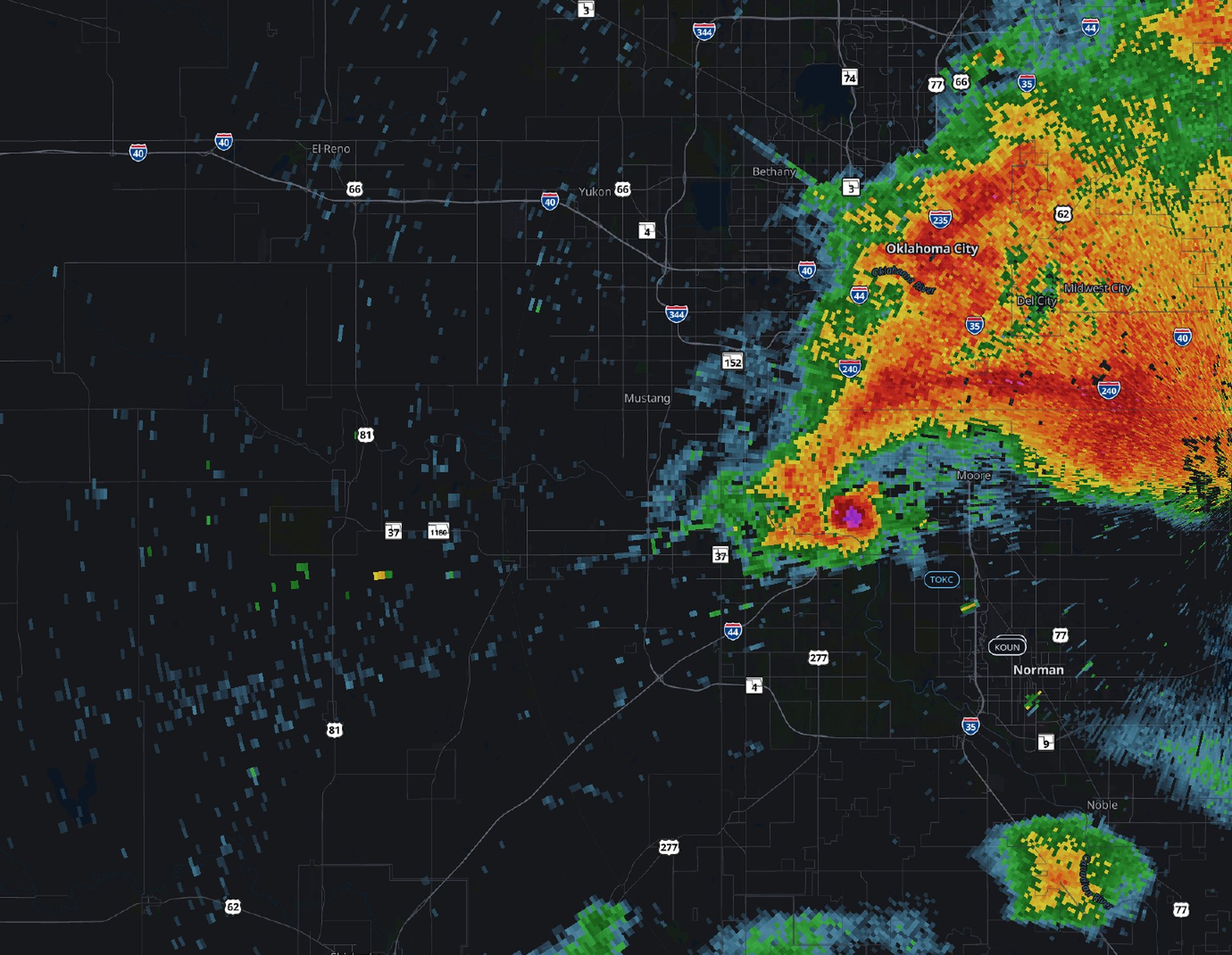 Radar reflectivity of the May 20, 2013 Moore, Oklahoma supercell, its hook echo and debris ball southwest of Moore.
