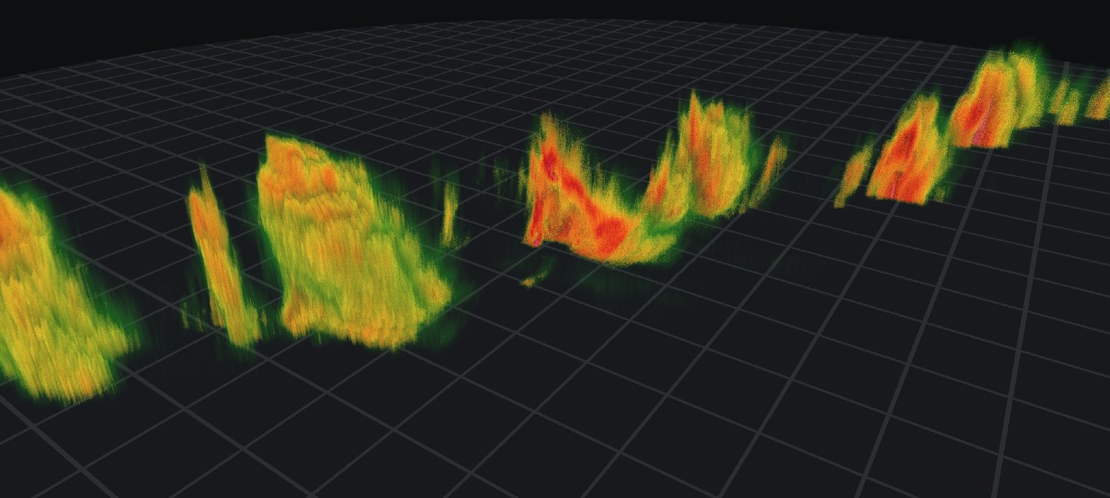 The Moore supercell's reflectivity rendered as a 3D volume above a map grid.