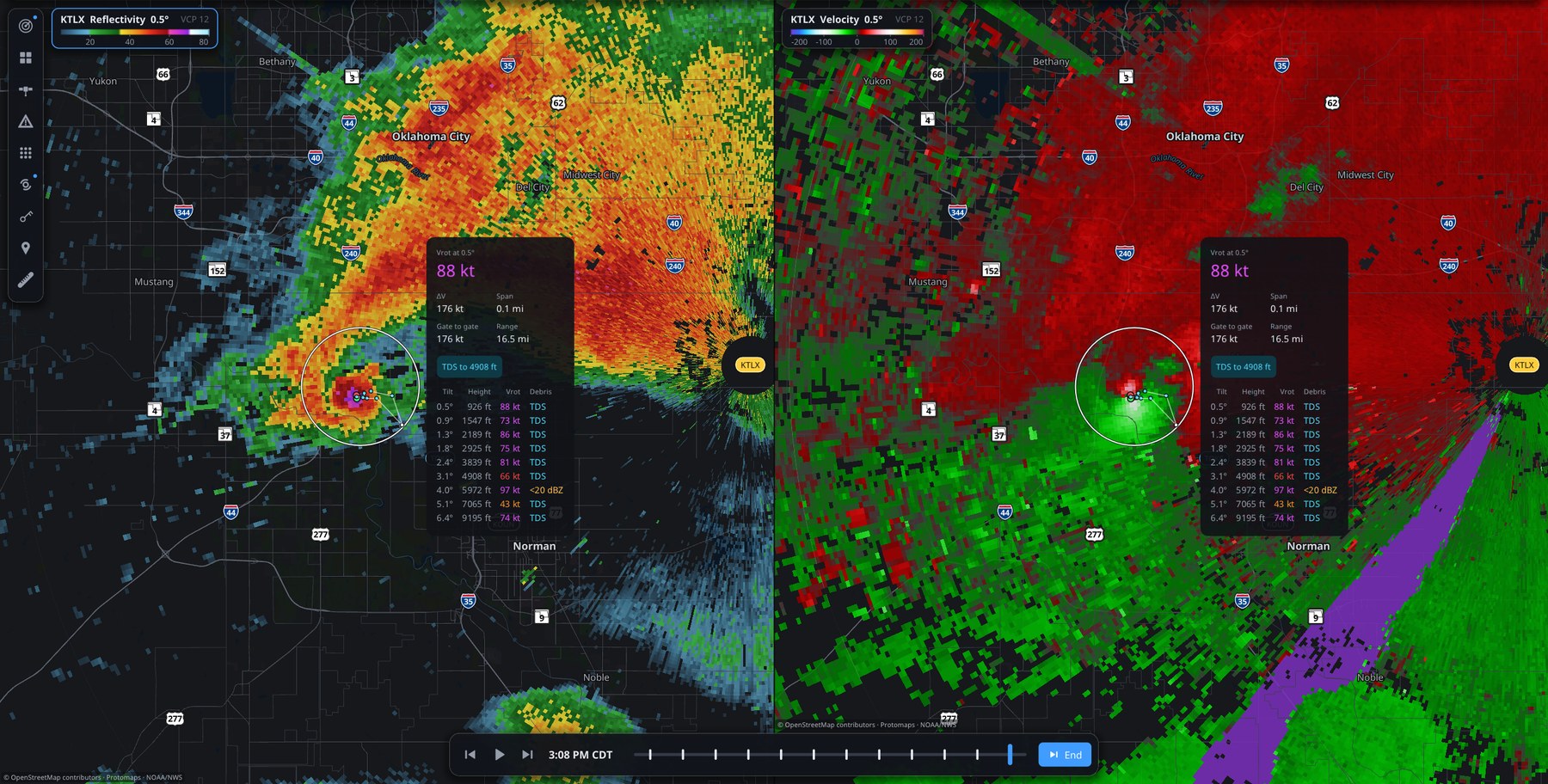 Stormalytic with two panes, KTLX reflectivity and velocity of the Moore tornado, a rotation card open beside the couplet in each.
